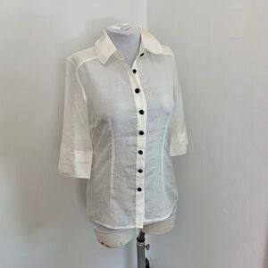 Kensie Pretty Button Down Blouse Top White Silky Classic Cream White Thin 3/4